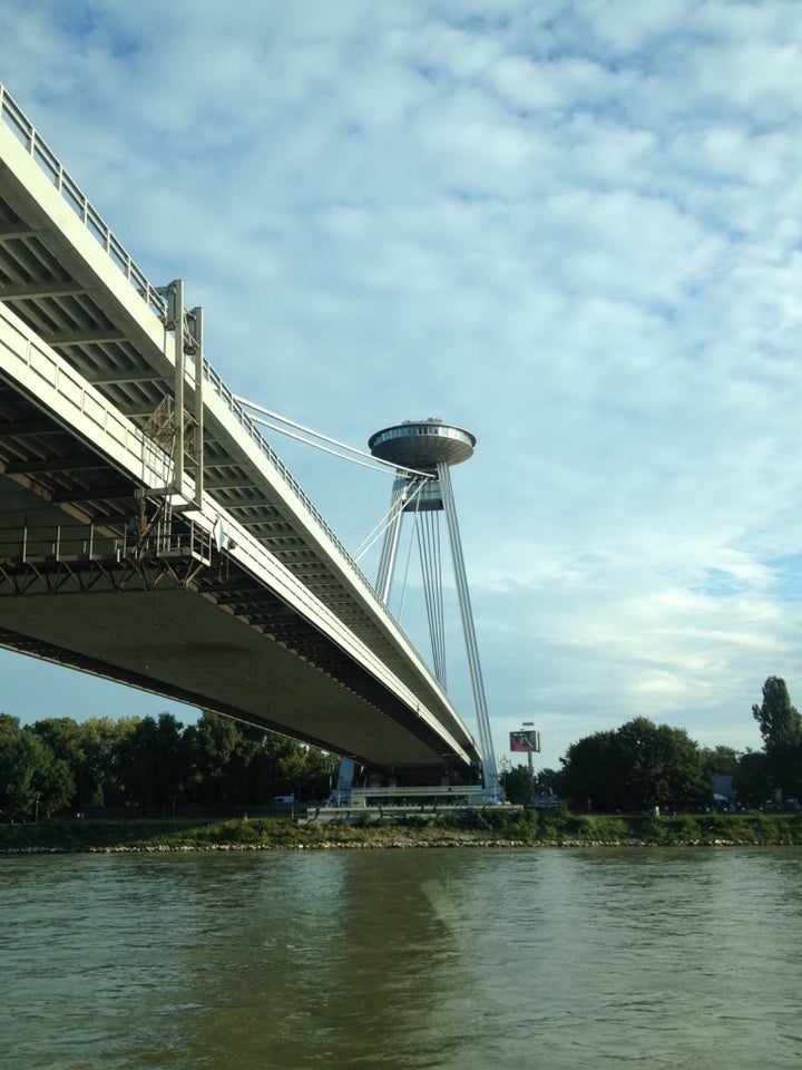 Bridge of the Slovak National Uprising, commonly referred to as the UFO Bridge, Bratislava, constructed 1967-72. A significant part of the Old Town, including most of the Jewish quarter, was demolished to make way for the road leading to the bridge.