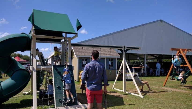 Gym sets, cookie decorating, skits, a petting zoo, and pony rides entertain the youngsters 