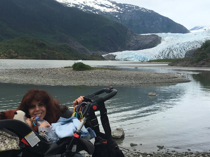 The author's wife and son with carseat/stroller combo, kit and diaper bag, and assorted equipment at the Mendenhall Glacier near Juneau, Alaska. May 2016.