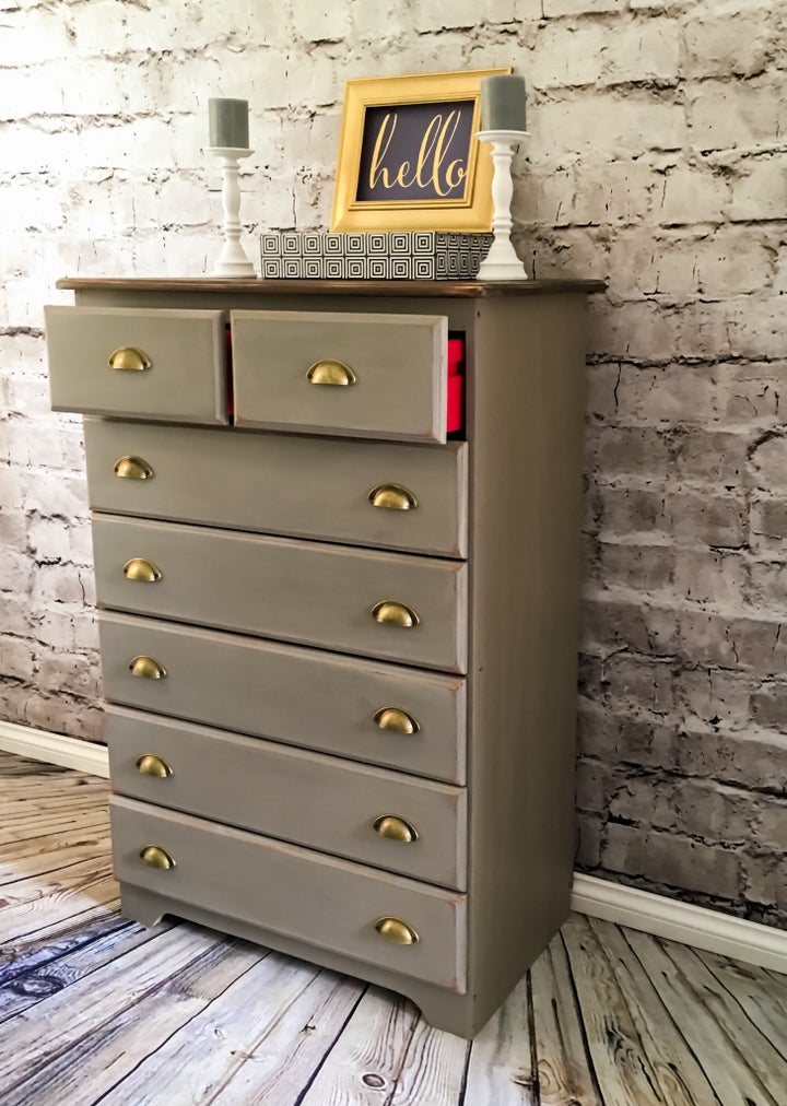 Old, orange pine chest of drawers transformed into an exciting, contemporary piece by Studio 27.