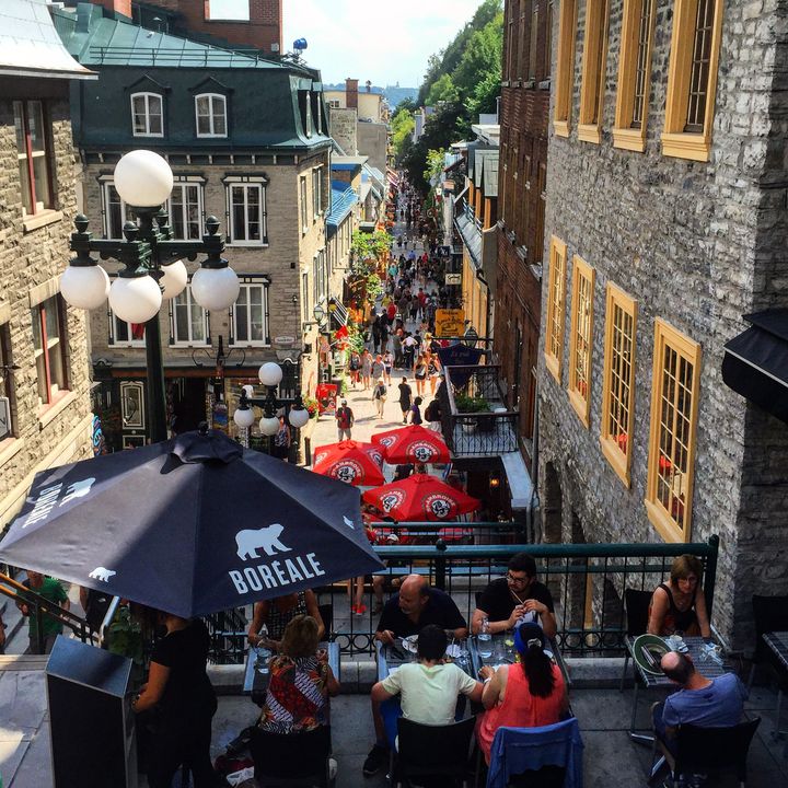 Le Petit Champlain is entered through terraced cafes from the upper town.