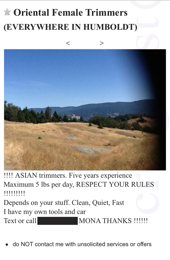 A Craigslist ad offers “Oriental female trimmers” in Humboldt County.Credit: 