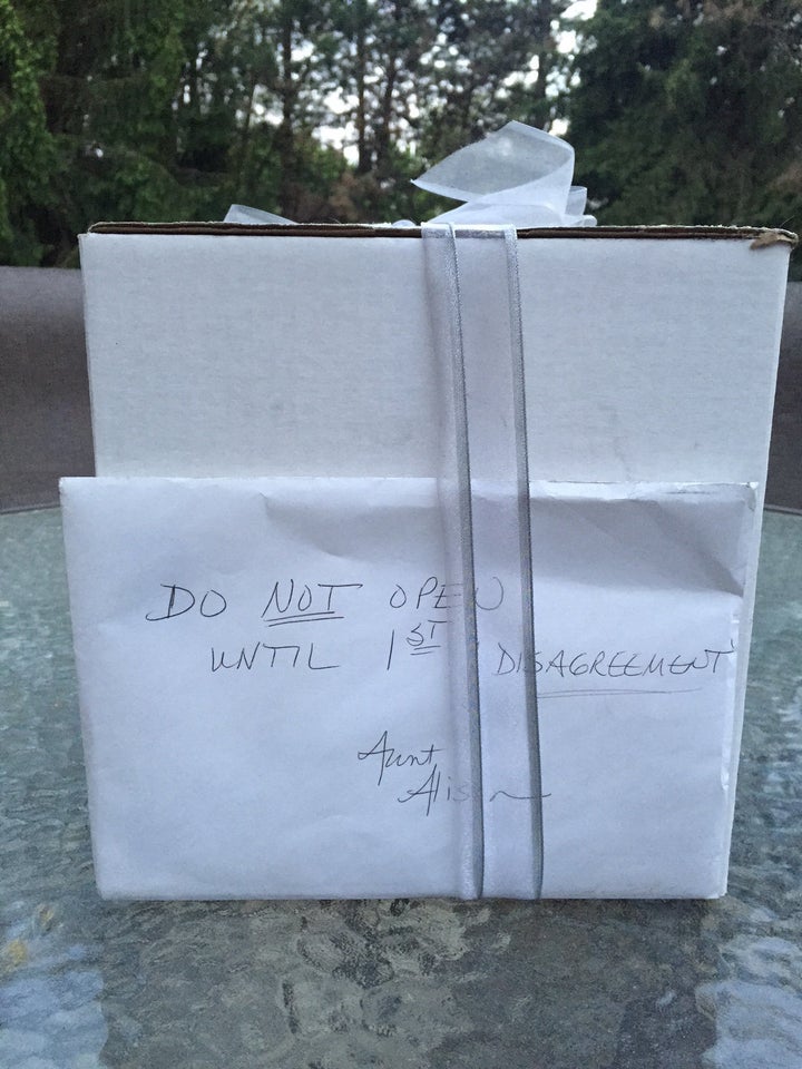 The gift from the bride's great aunt came with an envelope instructing the couple not to open the package until their first argument. 