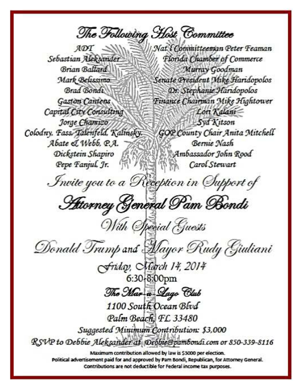 The invitation to Donald Trump's March 14, 2014, fundraiser for Florida Attorney General Pam Bondi.