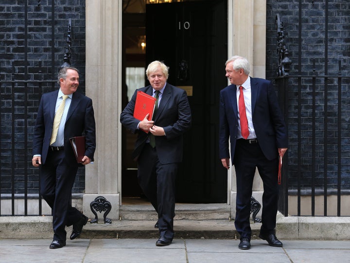 International Trade Secretary Liam Fox, Foreign Secretary Boris Johnson and Brexit Secretary David Davis leave 10 Downing Street, London, for a Cabinet meeting