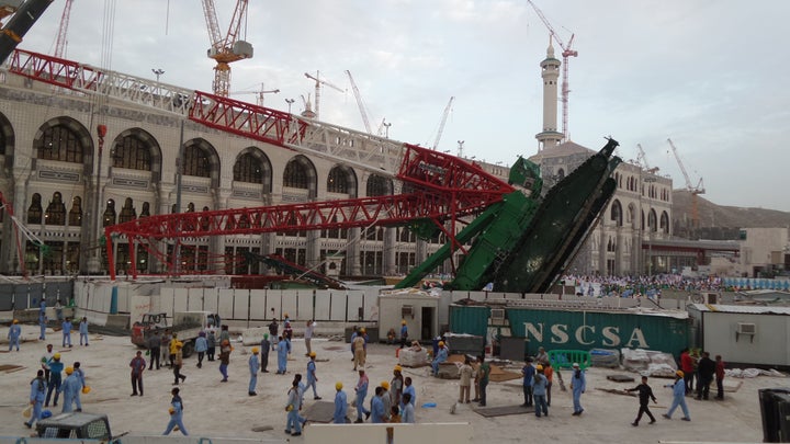 A huge construction crane buffeted by strong winds collapsed and crashed through the roof of the Grand Mosque which surrounds the Kaaba, Islam's holiest site on September 12, 2015.