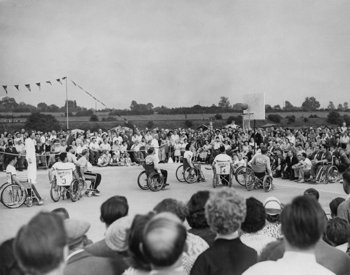 An international basketball match between the USA and the Netherlands at Stoke Mandeville Hospital in 1955.