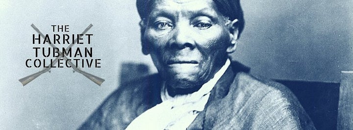 Image Description: Image of Black Disabled Freedom Fighter, Harriet Tubman, looking resolutely at the camera with a stern set chin. Harriet Tubman is wearing an old fashioned shirt and jacket and the filter on the photo is a deep, dramatic blue hues. You can see two muskets crossed and the name of our group The Harriet Tubman Collective on the left hand side of the photo.