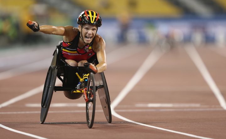 Marieke Vervoort of Belgium celebrates winning the women's 200m T52 final during the IPC Athletics World Championships in Doha, Qatar, in 2015.