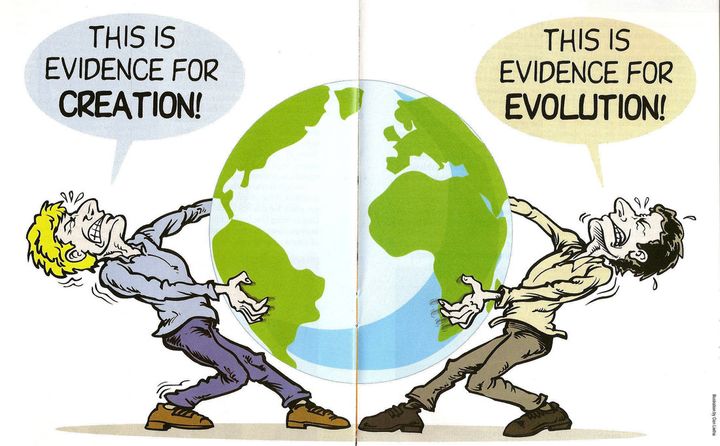 This drawing suggests that there's as much evidence for creationism as for evolution. That's stupid. Also notice that Creation Guy is blond = good, and Evolution Guy is black-haired = bad (possibly Jewish). You know, like Betty and Veronica.