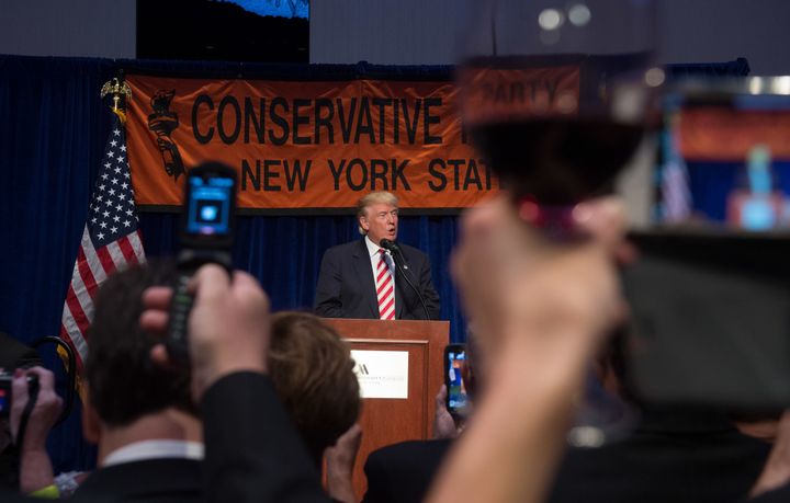 GOP presidential nominee Donald Trump spent part of his Wednesday in deeply Democratic New York City, where he promised about 200 Conservative Party of New York delegates that he would campaign in the state with the intention of winning.