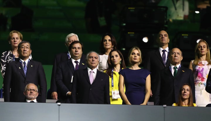 Protesters jeered Brazilian President Michel Temer, center, at the Opening Ceremony of the Rio 2016 Paralympic Games at