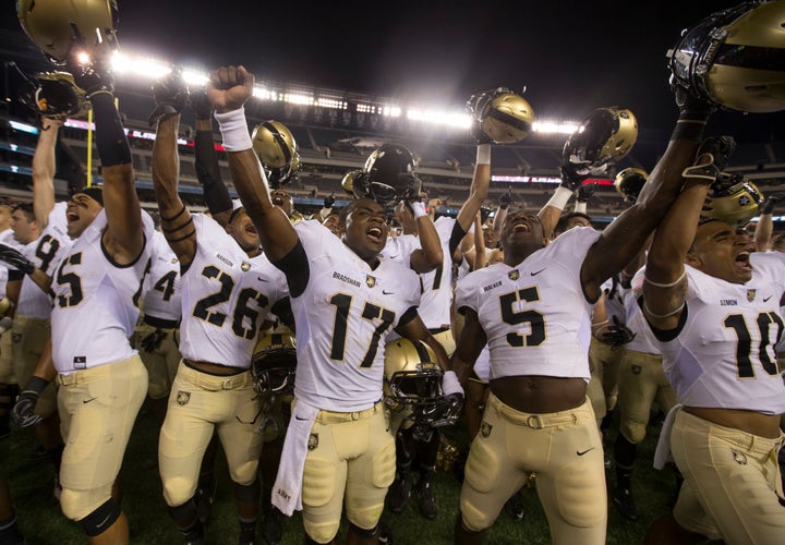 Army Black Knights players celebrate after the game against the Temple Owls at Lincoln Financial Field on Sept. 2 in Philadelphia.