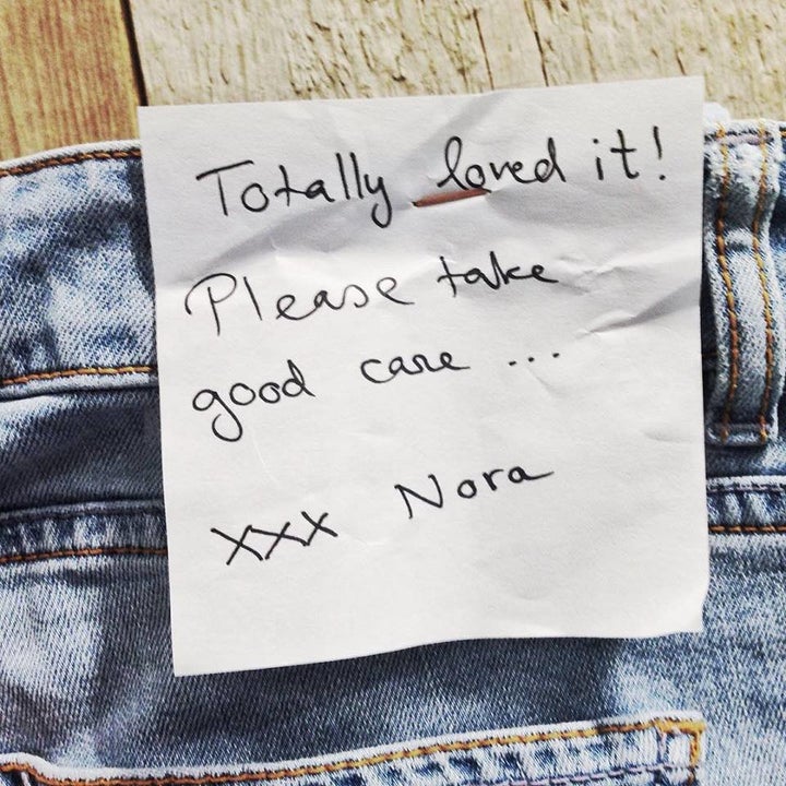 A note left from a customer who rented a pair of Mud pants and returned it after a year.