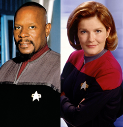 Captain Benjamin Sisko (played by Avery Brooks) and Captain Kathryn Janeway (played by Kate Mulgrew)