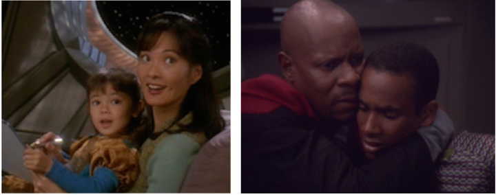 <p>Keiko O'Brien (played by Rosalind Chao) / Benjamin Sisko (played by Avery Brooks) and Jake Sisko (played by Cirroc Lofton)</p>
