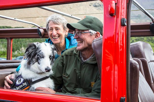"Bark Ranger" Gracie is pictured at Glacier National Park last month with her handler, park ranger Mark Biel, and U.S. Secretary of the Interior Sally Jewell.