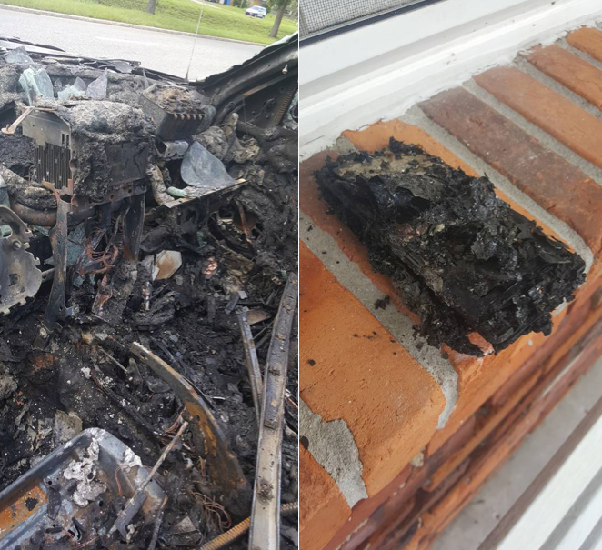 The burned remains of Nathan Dornacher's Jeep and Galaxy smartphone.