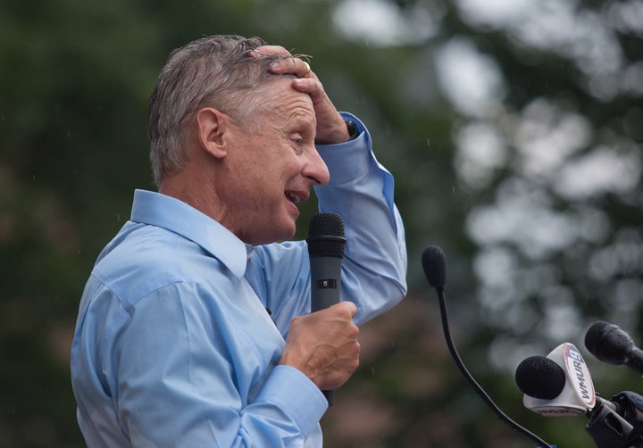 Libertarian candidate for President Gary Johnson speaks at a rally outside the New Hampshire State House in Concord, N.H.