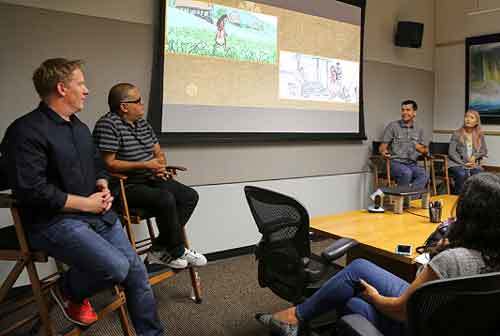 (L-R) Jared Bush (Screenwriter), Dave Pimentel (Head of Story), David Derrick (Story Artist) and Sunmee Joh (Story Artist) show drawings of the earlier version of Heihei. 