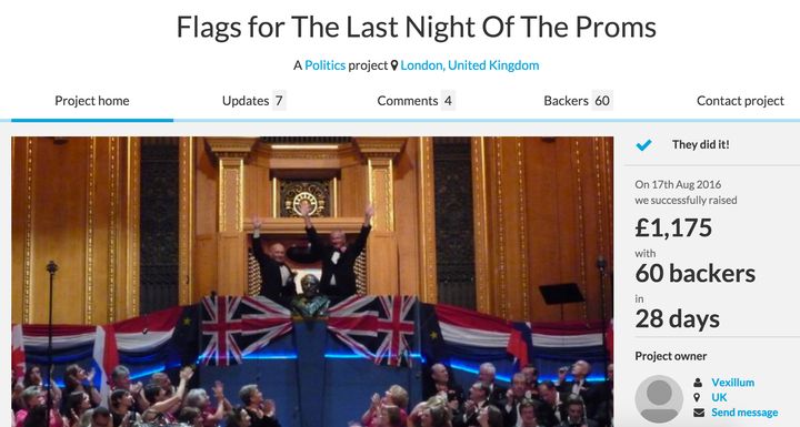 The Crowdfunder page raising money to buy EU flags to display at the Last Night Of The Proms