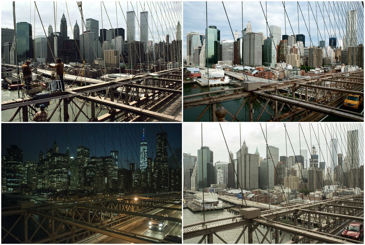 The Manhattan skyline, seen from the Brooklyn Bridge in 1985, 2011, 2015 and 2016.