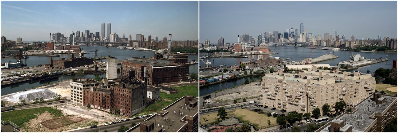 Manhattan, seen from Brooklyn in 1990 and 2016. Vergara shot the photos looking southwest from the Independence Houses at Taylor Street and Wythe Place.