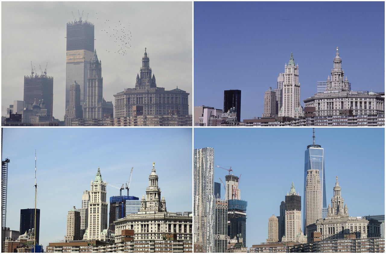 The World Trade Center shown from the Manhattan Bridge at Madison Street in Manhattan in 1970, 2008, 2011 and 2016. The Woolworth Building is in the foreground with a green roof.