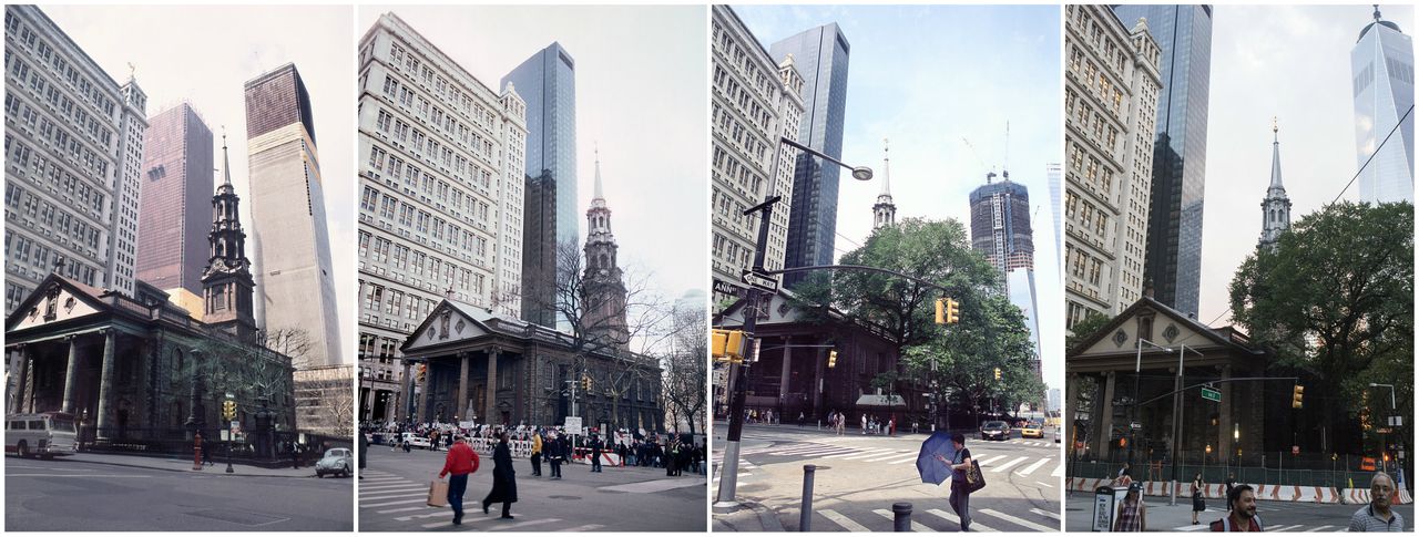 Photographer Camilo José Vergara has photographed the World Trade Center site since 1970. This view, with St. Paul's Chapel in the foreground, shows the site in 1970, 2001, 2011 and 2016.
