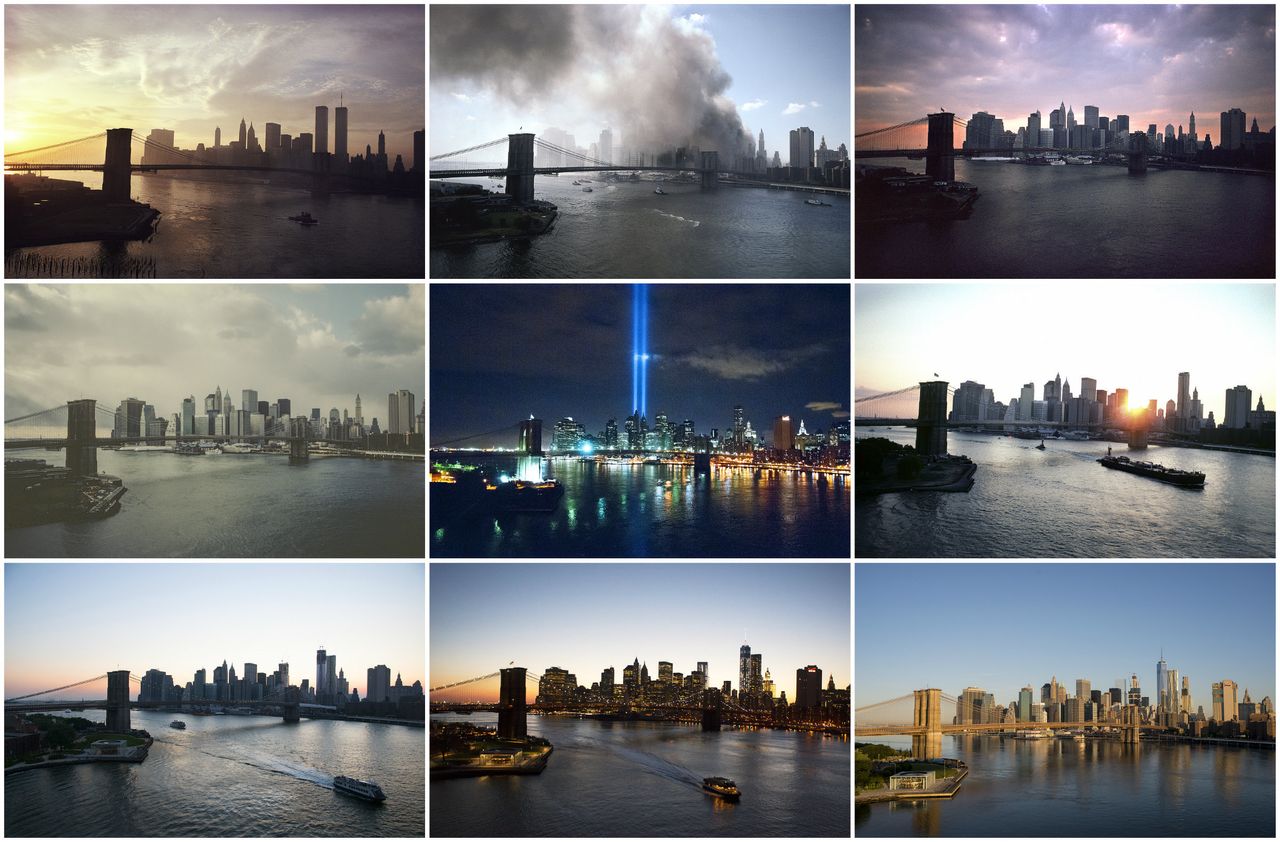 View of Lower Manhattan from the Manhattan Bridge, in 1979, 2001 (two photos), 2002, 2010 (two photos), 2012, 2014 and 2016.