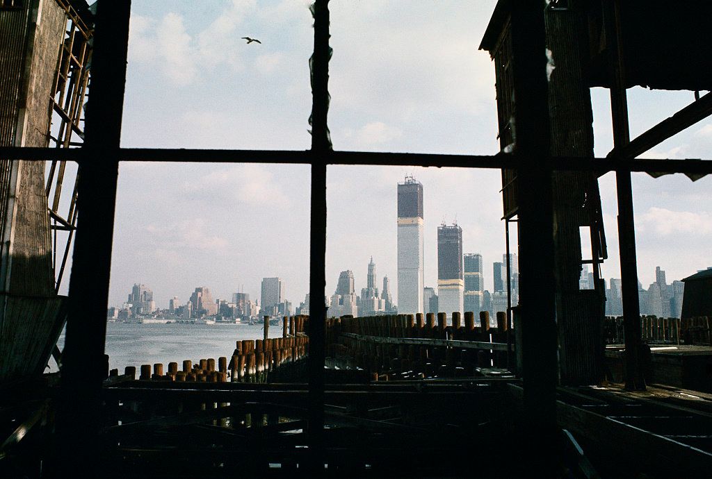 Lower Manhattan, as seen from an abandoned pier in Jersey City, New Jersey, in 1970.