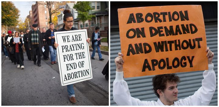 A combination photo shows an anti-abortion protest march (L) and a pro-abortion rights protester holds a sign as he confronts an anti-abortion demonstration in Queens, New York, in 2012.