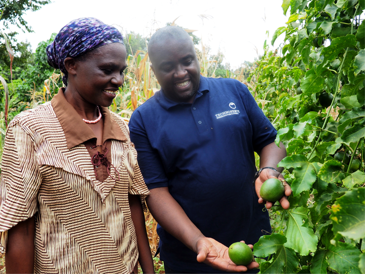 TechnoServe Project Manager Isaiah Kirema trains a passion fruit farmer in Kenya