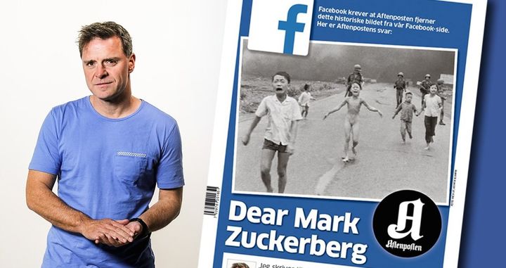 Espen Egil Hansen stands next to a copy of his open letter to Mark Zuckerberg.