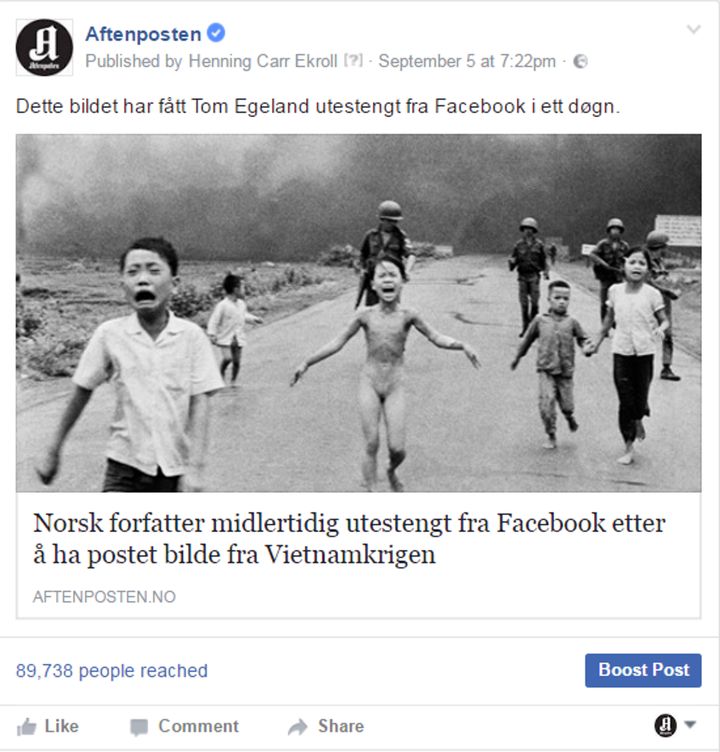 This screengrab shows Aftposten calling out Facebook in a post that the social media giant later deleted.