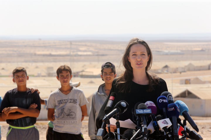 AZRAQ, JORDAN - SEPTEMBER 09: US actress and UNHCR special envoy and Goodwill Ambassador Angelina Jolie holds a press conference at Al- Azraq camp for Syrian refugees on September 9, 2016, in Azraq, Jordan.