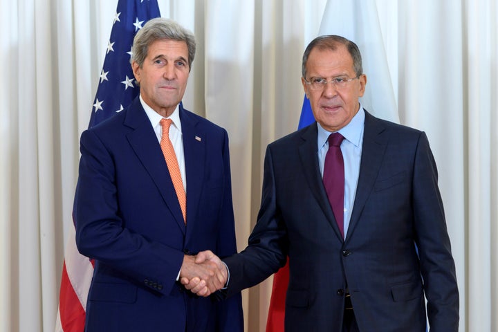 U.S. Secretary of State John Kerry and Russian Foreign Minister Sergei Lavrov at a bilateral meeting focused on the Syrian crisis in Geneva, Switzerland.