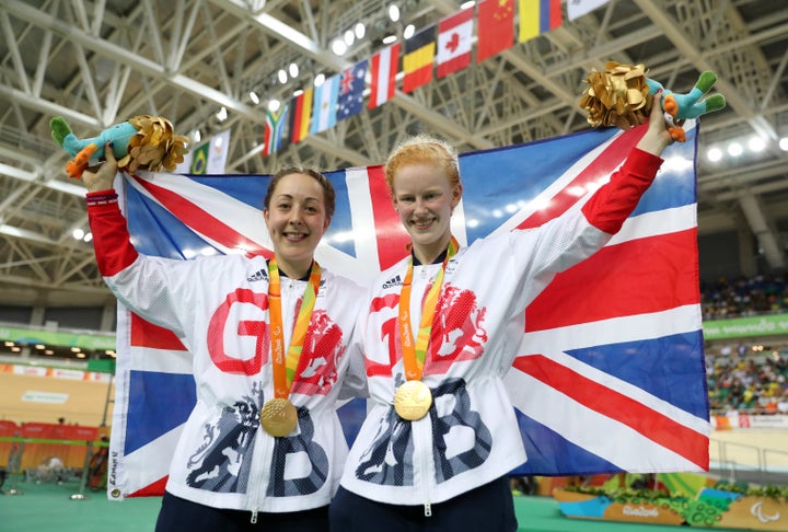 <strong>Great Britain's Sophie Thornhill (left) and Helen Scott on the podium after winning gold in the Women's B 1000m Time Trial.</strong>
