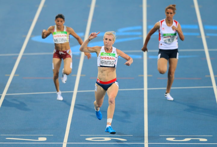 <strong>Great Britain's Georgina Hermitage celebrates winning Gold in the Women's 100m - T37.</strong>