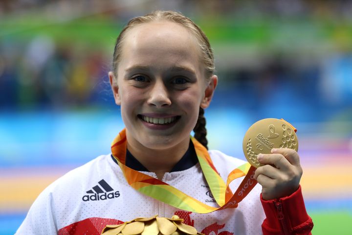 <strong>Great Britain's Ellie Robinson with her Gold medal during the medal ceremony for the Women's 50m Butterfly S6.</strong>