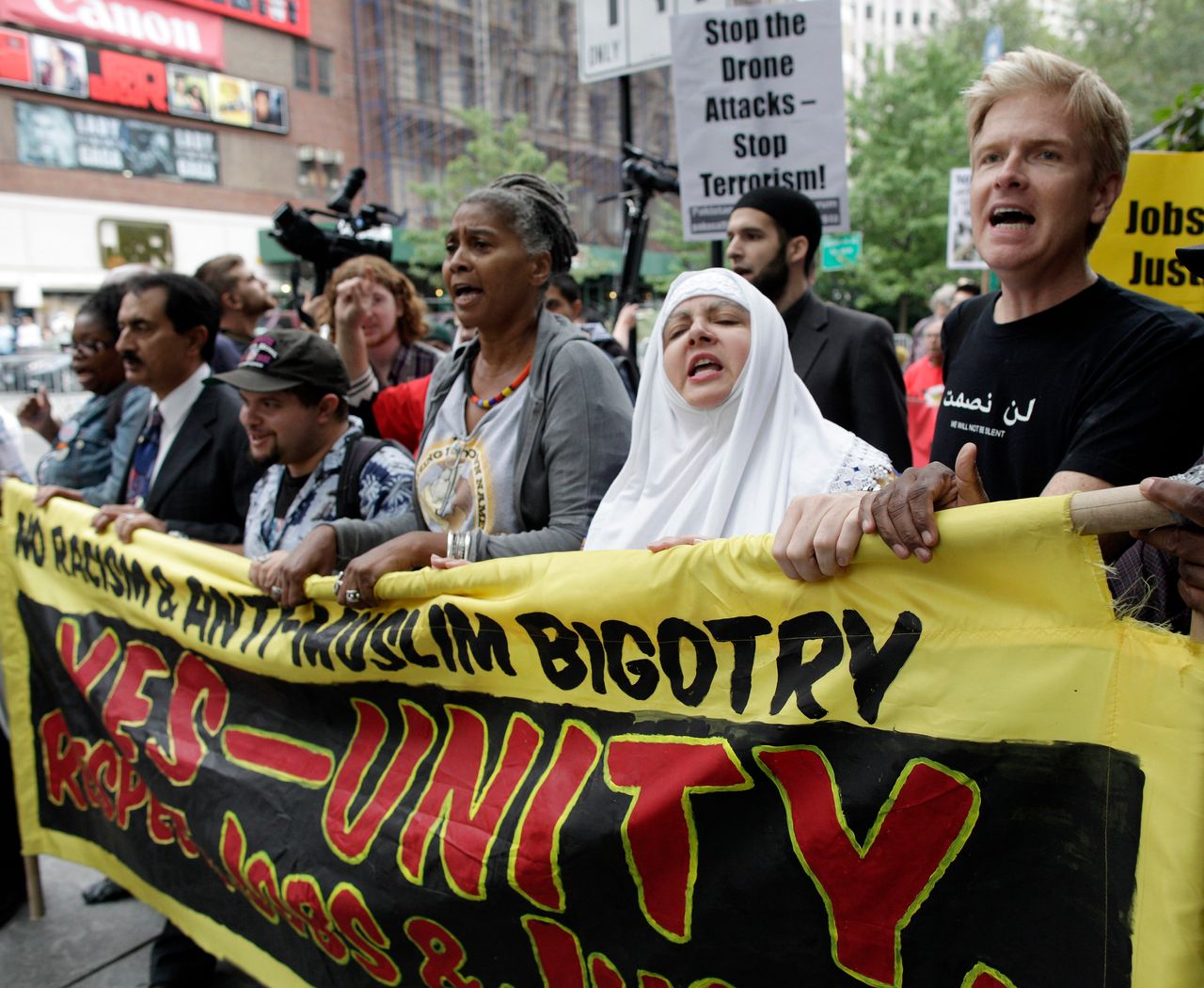 Protesters march in the Rally Against War, Racism & Islamophobia to mark the 10th anniversary of the 9/11 attacks on the World Trade Center, in New York City.