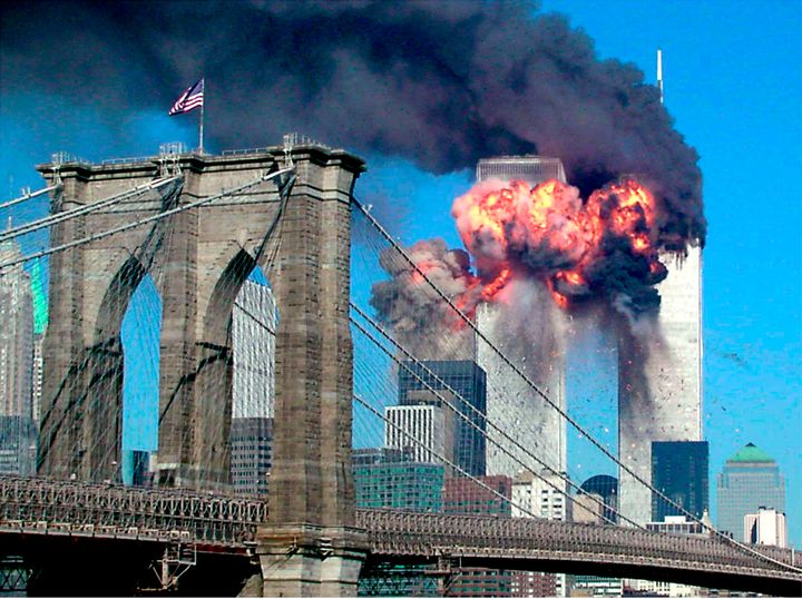 The second tower of the World Trade Center explodes into flames after being hit by a airplane, New York September 11, 2001.