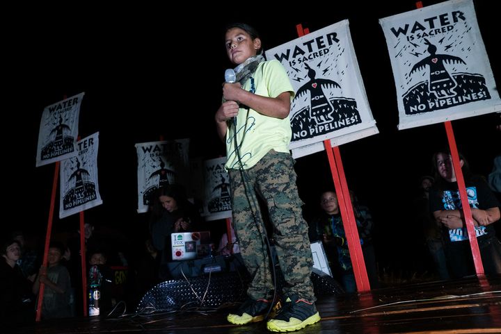 A child speaks during a rally against the pipeline's construction.