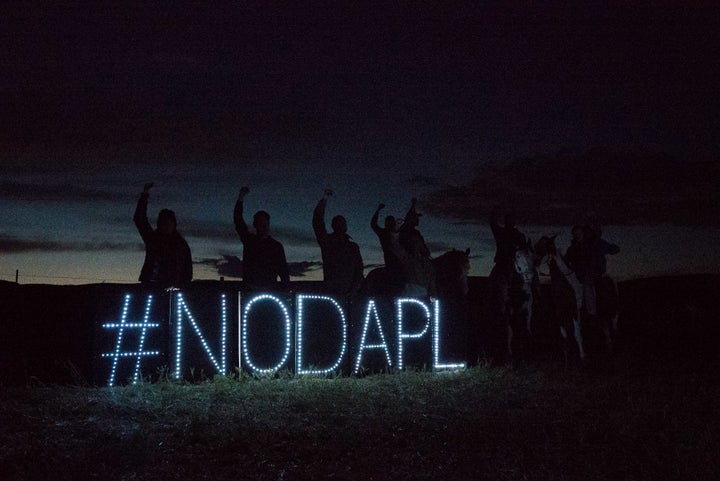 LED lights form a hashtag that protest the Dakota Access Pipeline.