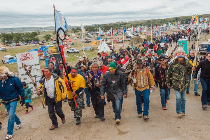 Protesters gather near the Standing Rock Sioux reservation on Friday.