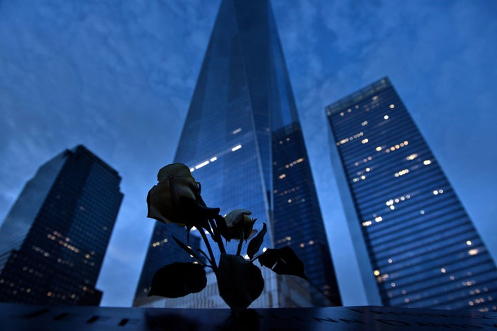 A view of One World Trade Center from the North Pool, which marks the former site of the North Tower of the World Trade Cente