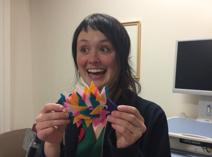 Rachel, a fellow volunteer, is nothing if not vibrant. Witness her felted spike-fish creation.