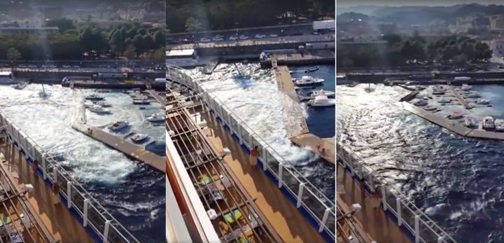 A marina's dock is seen buckling and crashing into surrounding boats after getting hit by a passing cruise ship's powerful wake.