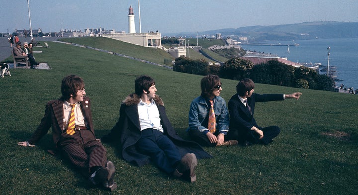 John, Paul, George, and Ringo on the set of "Magical Mystery Tour"