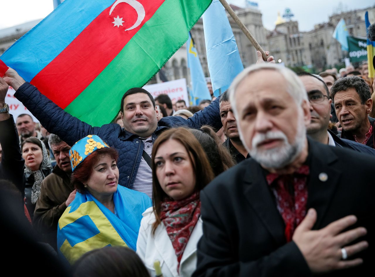 People gather to commemorate the anniversary of the deportation of Crimean Tatars from Crimea to Central Asia in 1944, in Independence Square in Kiev, Ukraine, May 18, 2016.